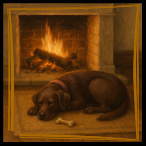 Lyla the Labrador - Fireside Slumber  - Black Tea Towel Design