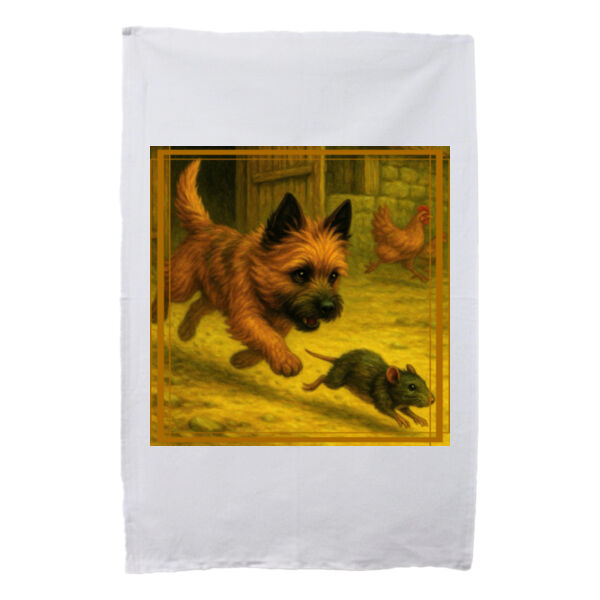 Callum the Cairn Terrier - Barnyard Pursuit  - White Tea Towel Thumbnail