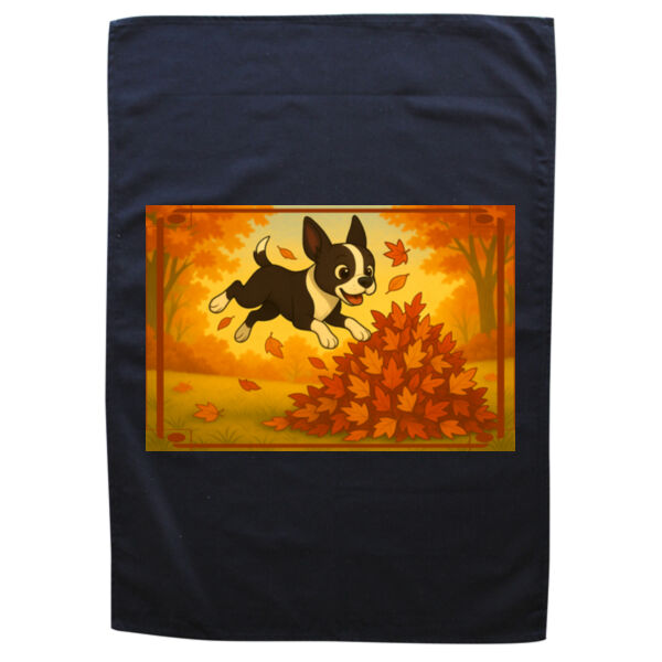 Leaf Pile Leap - Black Tea Towel Thumbnail