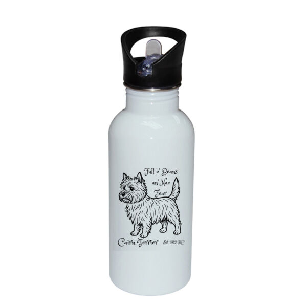 Full o’ Beans an’ Nae Fear – Cairn Terrier - Stainless Bottle with Straw Top Thumbnail